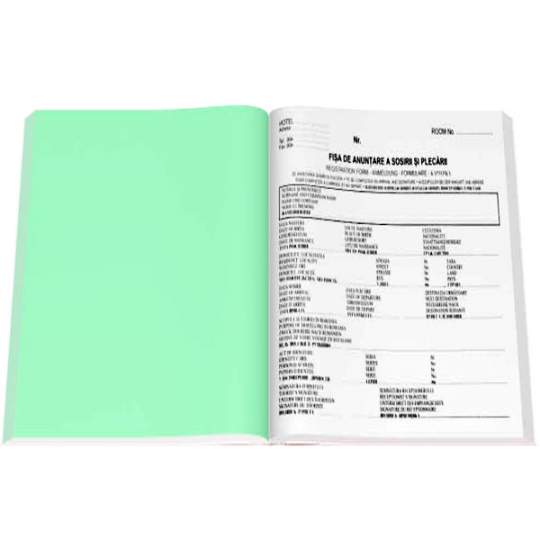 Formular nepersonalizat cazare hotel - (fisa anuntarea sosirii si plecarii) - A5, 1 culoare, 2 file hartie autocopiativa (100 seturi)