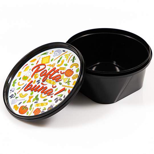 Bol negru pentru supa + capac cu sigiliu, 500 ml (100 bucati) Bol negru pentru supa + capac cu sigiliu, 500 ml (100 bucati)