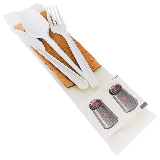 Set tacam bio (cutit, furculita, lingura, sare, piper, servetel) (100 bucati)