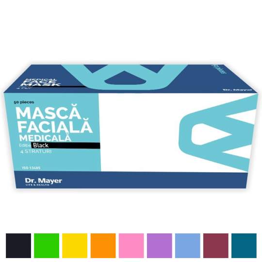 Masti medicale 3 pliuri, 4 straturi, cu elastic - Dr. Mayer - diverse culori (50 bucati)