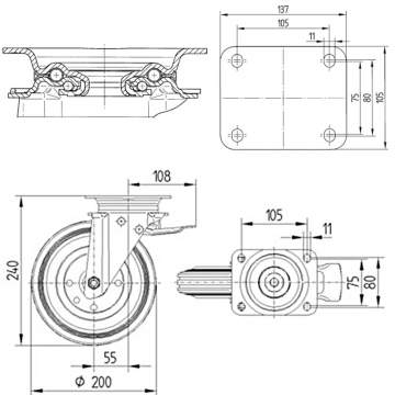 Roata container gunoi, cu ax rotativ, fara frana 200x50mm (1 bucata)