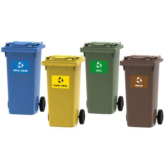 Set 4 pubele 120L Albastru, Galben, Maro, Verde + sticker colectare deseuri