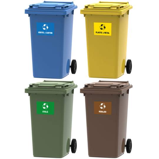 Set 4 pubele 240L Albastru, Galben, Maro, Verde + sticker colectare deseuri