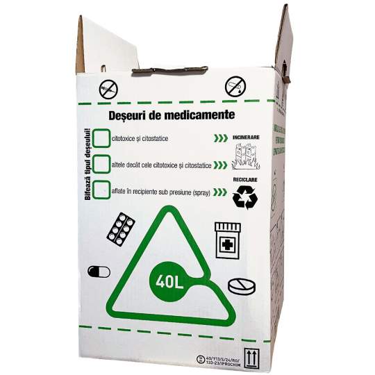 Cutii colectare deseuri de medicamente, 40L cu sac transparent si sigiliu sac (1 bucata)