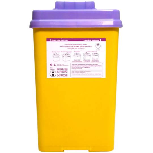 Recipient plastic 9L colectare deseuri de medicamente citotoxice si citostatice (1 bucata) Recipient plastic 9L colectare deseuri de medicamente citotoxice si citostatice (1 bucata)