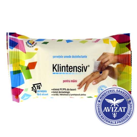Servetele umede dezinfectante pentru maini, Klintensiv (pachet 15 bucati)