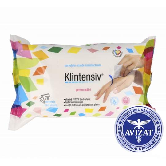 Servetele umede dezinfectante pentru maini, Klintensiv (pachet 70 bucati)