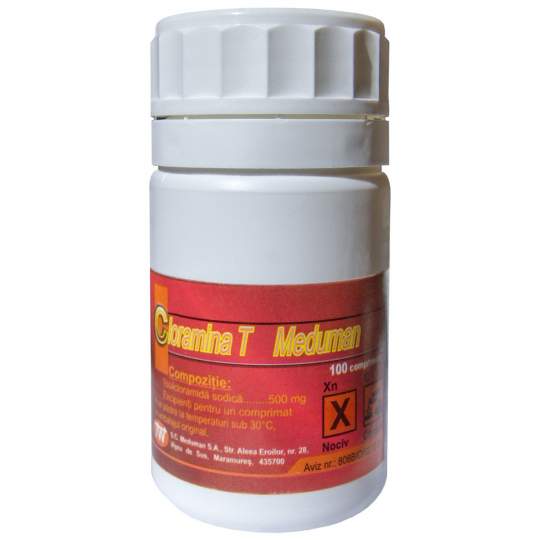 Dezinfectant Cloramina T, 100 comprimate x 500 mg, avizat MS biocide (1 flacon)