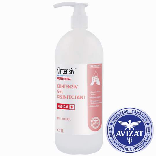 Gel dezinfectant pentru maini virucid, Klintensiv Gel, avizat Ministerul Sanatatii, flacon 1000 ml + pompa dozare (1 bucata)