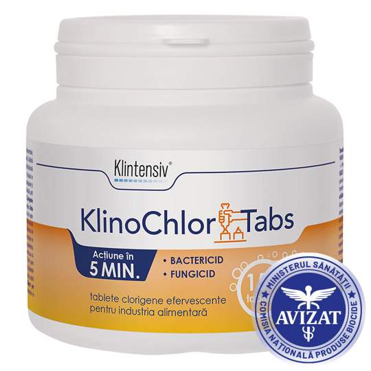 Tablete clor KlinoChlor pentru suprafete, 150 tablete, avizat MS Biocide (1 flacon)
