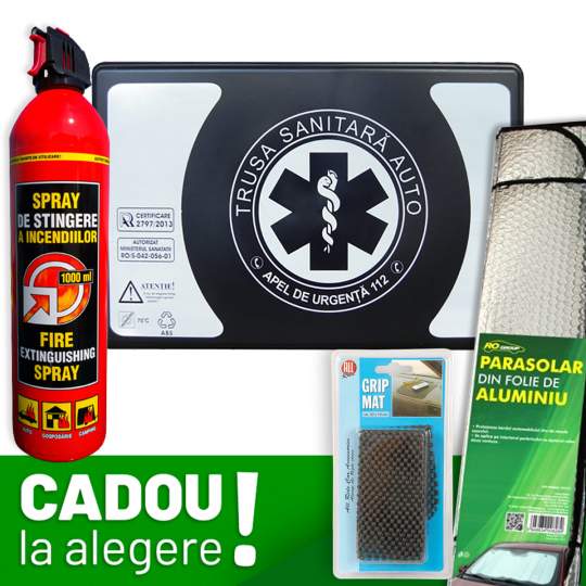 Pachet Auto BASIC: Trusa sanitara auto Romania aviz RAR si MSP (valabila 4 ani) + Stingator + CADOU la alegere