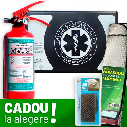Pachet Auto SAFE: Trusa sanitara auto Romania aviz RAR si MSP (valabila 4 ani) + Stingator cu manometru P1 + CADOU la alegere