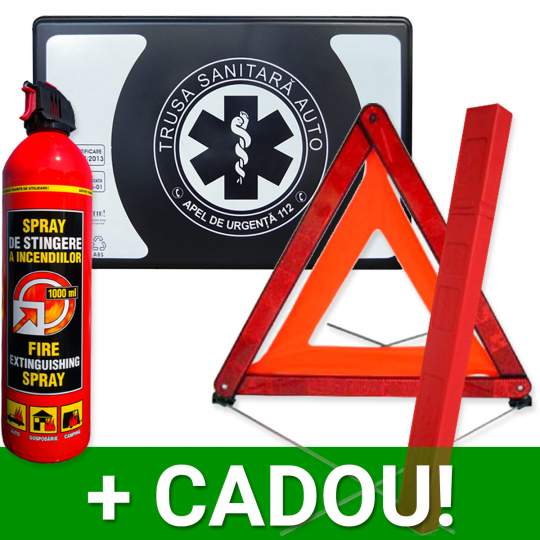 Pachet Auto SMART: Trusa sanitara auto Romania aviz RAR si MSP (valabila 4 ani) + Stingator + Triunghi semnalizare + CADOU