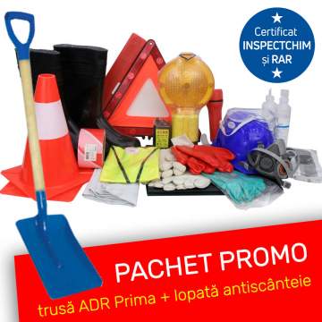 Pachet Promo - Trusa ADR, marca Prima certificata INSPECTCHIM si Registrul Auto Roman + Lopata antiscanteie