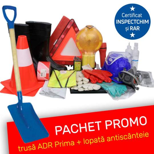 Pachet Promo - Trusa ADR, marca Prima certificata INSPECTCHIM si Registrul Auto Roman + Lopata antiscanteie