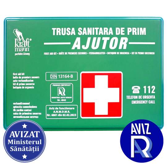 Trusa sanitara auto triplu omologata - RAR, Ministerul Sanatatii, standard DIN 13164:2022, valabilitate 5 ani