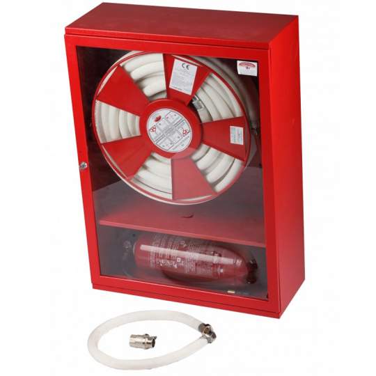 Hidrant interior furtun semirigid D25 rosu, locas stingator dedesubt, usa cu sticla + accesorii (950x650x260mm)