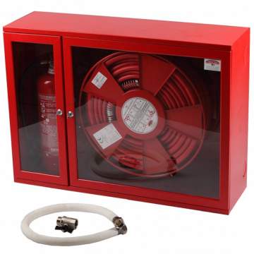 Hidrant interior furtun semirigid D25 rosu, locas stingator lateral, usa cu sticla + accesorii (900x650x260mm)