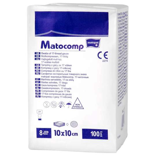 Comprese tifon 10x10cm nesterile 8 pliuri 17 fire, pachet 100 bucati Matocomp (1 pachet)