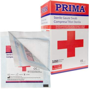 Comprese tifon sterile 5x5cm pliate, 12 pliuri, 15x15cm nepliate, 1 compresa pe plic (100 plicuri)