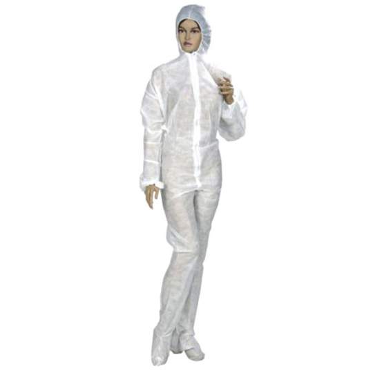 Combinezon cu gluga din PPSB alb 20gr/mp fermoar in fata, marimi XXL / 3XL (1 bucata)