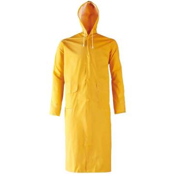 Pelerina impermeabila PVC, strat tesatura poliester, gluga fixa, snur ajustare, fermoar, 5 butoni, galben, 120-130cm, L, XL, XXL (1 bucata) Pelerina impermeabila PVC, strat tesatura poliester, gluga fixa, snur ajustare, fermoar, 5 butoni, galben, 120-130cm, L, XL, XXL (1 bucata)