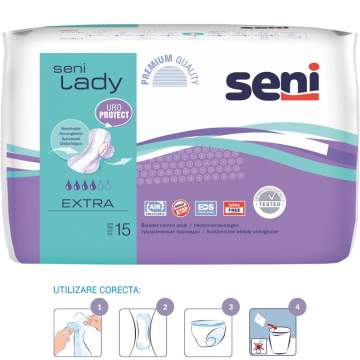 Absorbante urologice femei, incontinenta usoara spre medie, 4 picaturi - Seni Lady Extra (15 bucati)