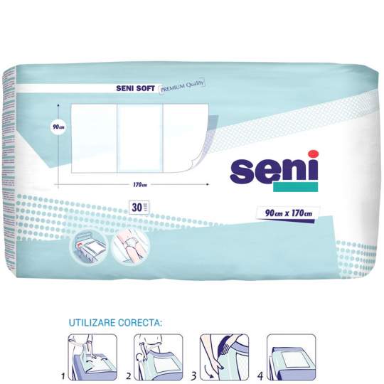 Aleze igienice (protectii pat) premium, folie impermeabila partea inferioara - Seni Soft 90x170 (30 bucati)