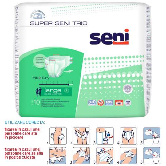 Scutece Premium incontinenta, talie 100-150 cm, 8 picaturi - Super Seni Trio Large (10 bucati)