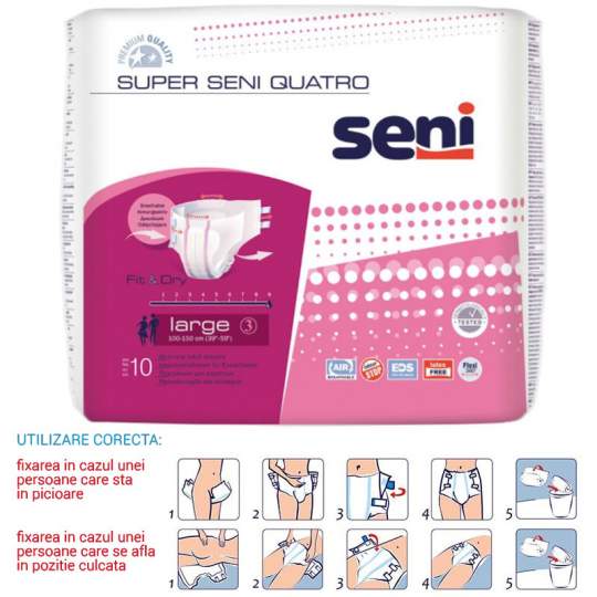 Scutece Premium incontinenta, talie 100-150 cm, 9 picaturi - Super Seni Quatro Large (10 bucati)