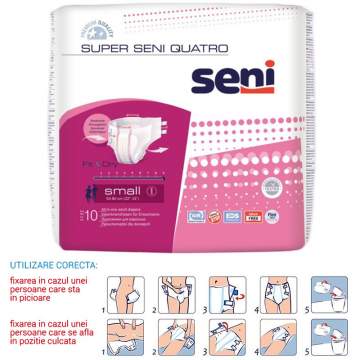 Scutece Premium incontinenta, talie 55-80 cm, 9 picaturi - Super Seni Quatro Small (10 bucati)