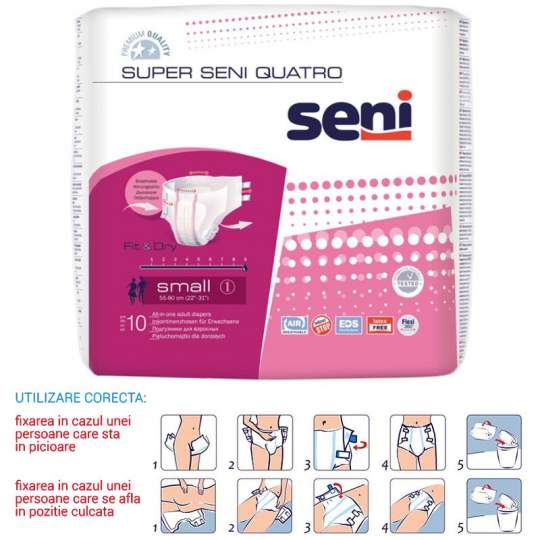 Scutece Premium incontinenta, talie 55-80 cm, 9 picaturi - Super Seni Quatro Small (10 bucati)