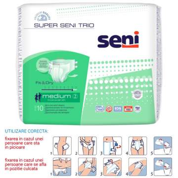 Scutece Premium incontinenta, talie 75-110 cm, 8 picaturi - Super Seni Trio Medium (10 bucati)