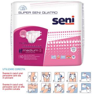 Scutece Premium incontinenta, talie 75-110 cm, 9 picaturi - Super Seni Quatro Medium (10 bucati)