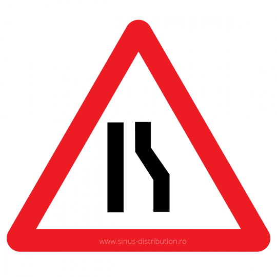 Indicator rutier avertizare [ Drum ingustat pe partea dreapta ], forma triunghiulara, reflectorizant