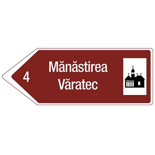 Indicator rutier de informare tip sageata - Directie spre obiectiv turistic, reflectorizant