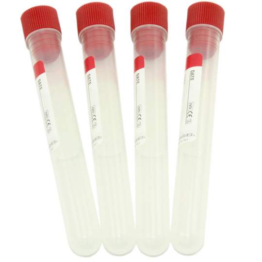 Eprubete cilindrice cu capat conic, PP, 12 x 86mm, 5ml, sterile, dop rosu, eticheta (100 bucati)