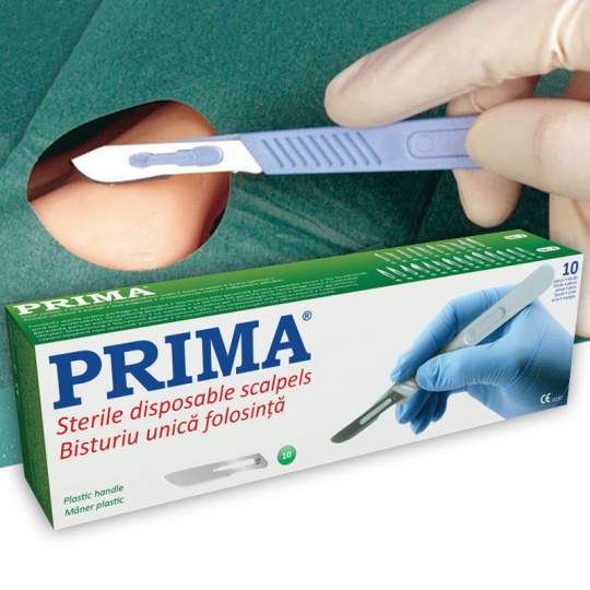 Bisturiu de unica folosinta cu maner plastic, otel-carbon nr. 10 / 11 / 15, steril (10 bucati)