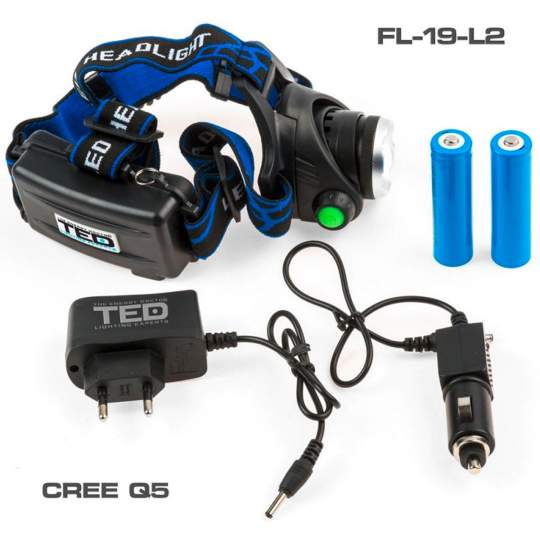 Lanterna cap 1 LED 10W zoom include 2 acumulatori incarcator retea si auto