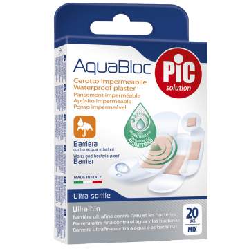 Plasturi rezistenti la apa cu solutie antibacteriana, 4 dimensiuni (cutie 20 bucati)