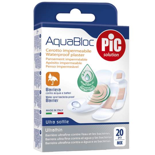 Plasturi rezistenti la apa cu solutie antibacteriana, 4 dimensiuni (cutie 20 bucati)