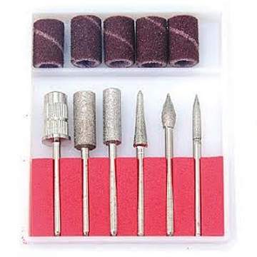 Freze diamantate pentru unghii cu capete din otel - 5 bucati forme asortate, adaptor pentru role abrazive, role abrazive - 5 bucati (1 cutie)