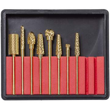 Freze diamantate pentru unghii, cu capete aurite din tungsten carbide (de 3 ori mai dur decat otelul) (8 bucati forme asortate/1 cutie)