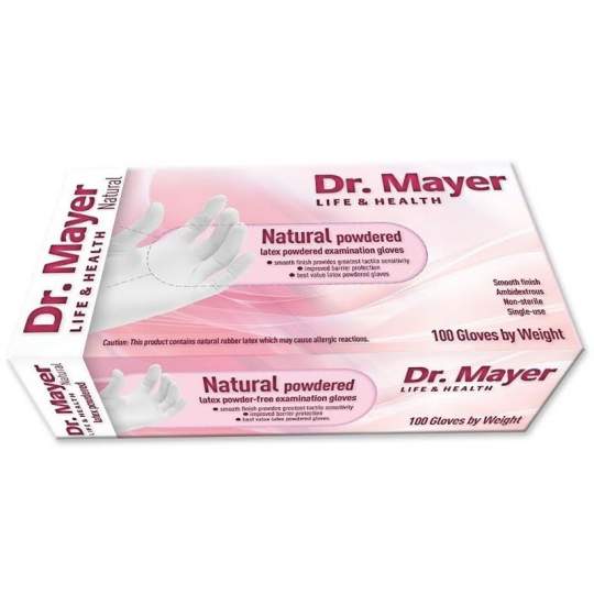 Manusi examinare latex pudrate albe, marimi XS/S/M/L - Dr. Mayer (100 bucati)