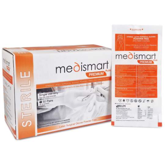 Manusi chirurgicale latex Nepudrate, sterile, marimea 8.5 (L) - Medismart Premium+ (50 perechi) Manusi chirurgicale latex Nepudrate, sterile, marimea 8.5 (L) - Medismart Premium+ (50 perechi)