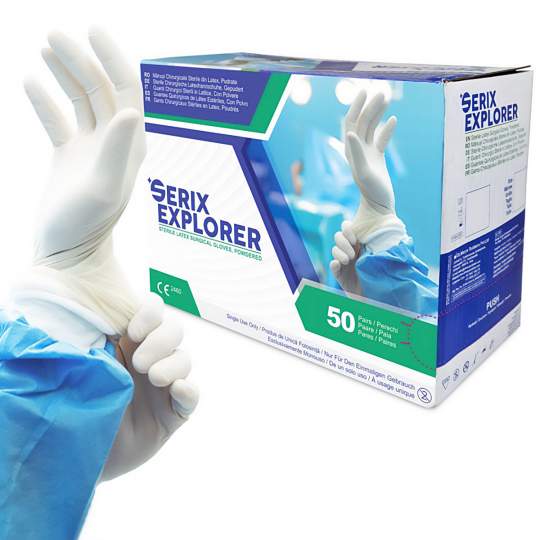 Manusi chirurgicale latex Pudrate, sterile, marimea 8.5 (L) - Serix Explorer (50 perechi)