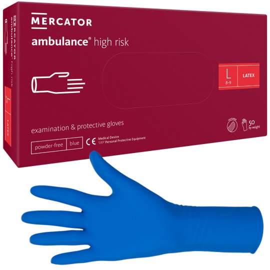 Manusi medicale latex L albastre nepudrate, manseta lunga - Ambulance High Risk (10x50 bucati)