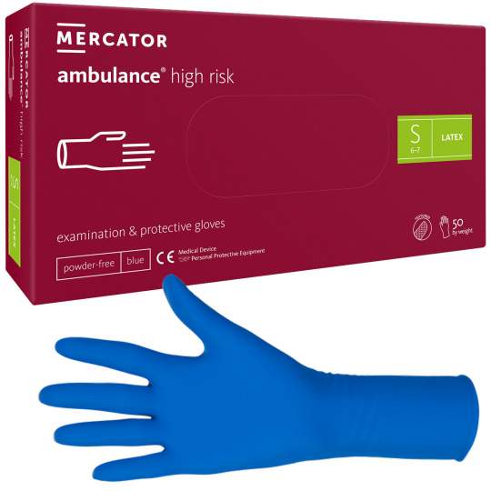 Manusi medicale latex S albastre nepudrate, manseta lunga - Ambulance High Risk (10x50 bucati)