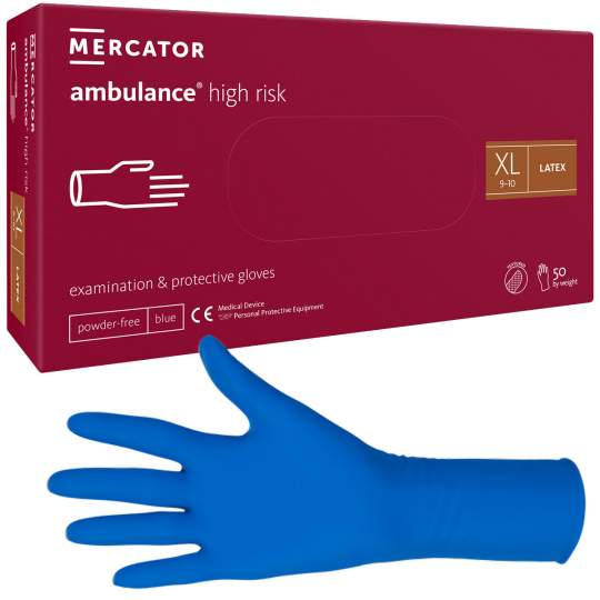 Manusi medicale latex XL albastre nepudrate, manseta lunga - Ambulance High Risk (10x100 bucati)