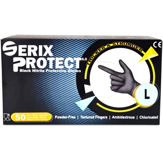 Manusi nitril Negre nepudrate, grosime 6.0G, marimea L - Serix Protect (50 bucati)